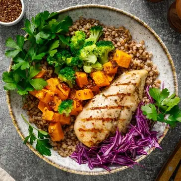 High protein bowl with grilled chicken, broccoli, sweet potato and grains