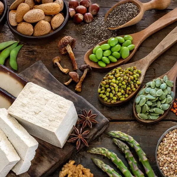 Plant based protein foods including tofu, edamame, seeds and nuts on a wooden board