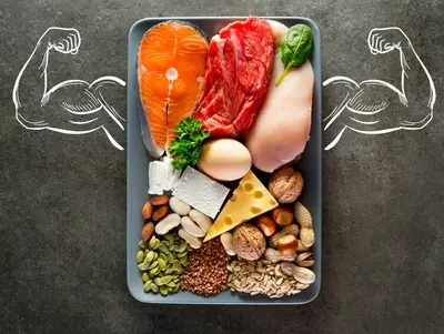 Tray of high protein low carb foods with illustrated muscle arms