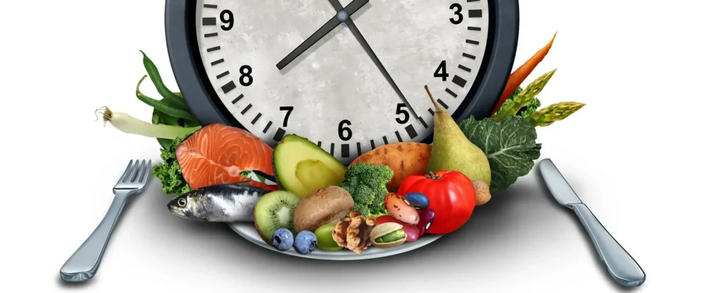 Clock on a plate with high protein foods representing meal timing