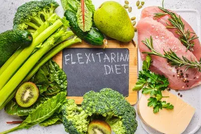Flexitarian diet concept with fresh vegetables, chicken and cheese
